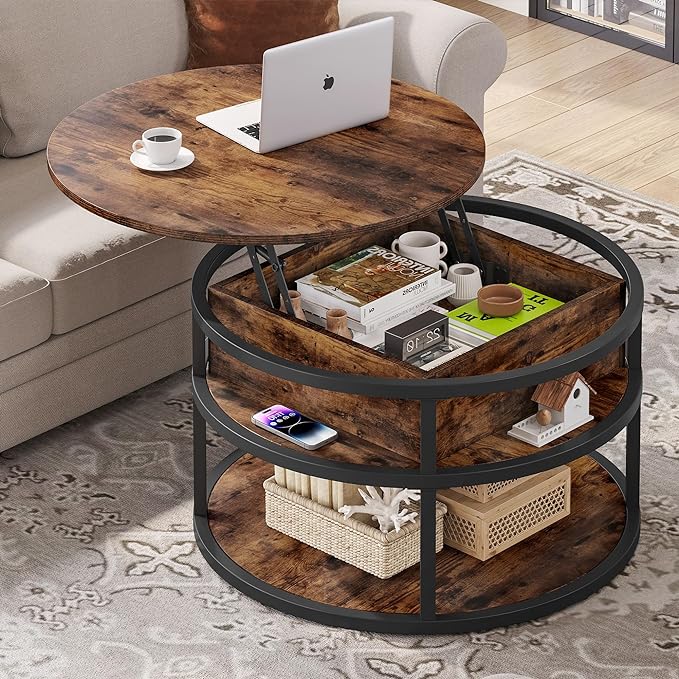 DWVO Round Coffee Tables for Living Room,Lift Top Coffee Table with Storage, Farmhouse Wood Coffee Table,Circle Coffee Tables Living Room for Home Office,Rustic Brown - LeafyLoom