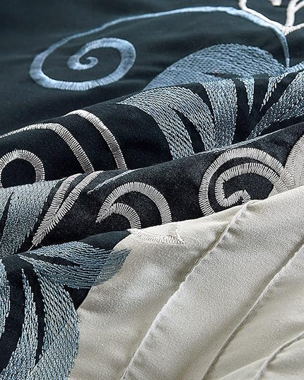 Chezmoi Collection Napa 7-Piece Luxury Autumn Leaves Scroll Embroidery Bedding Comforter Set (King, Navy/Blue/Gray) - LeafyLoom