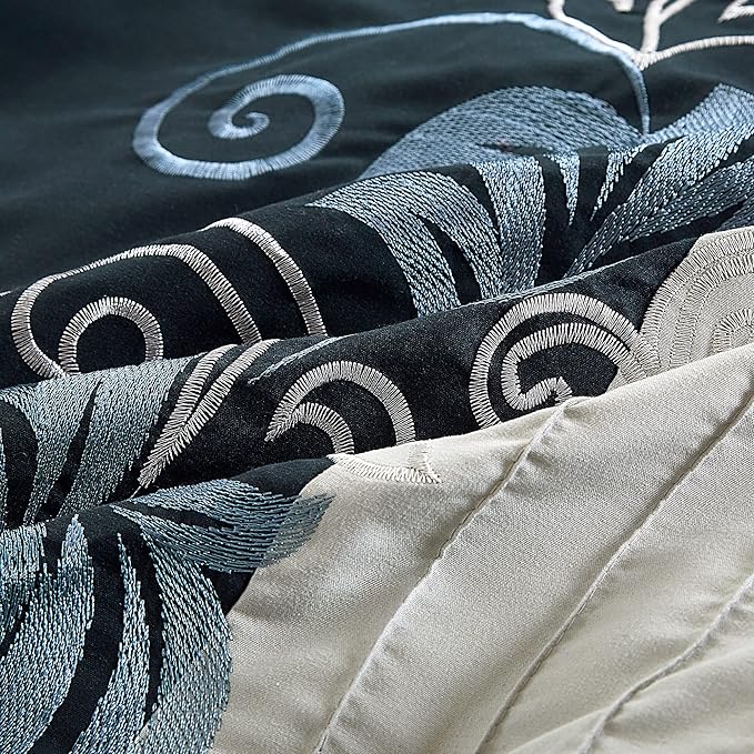 Chezmoi Collection Napa 7-Piece Luxury Autumn Leaves Scroll Embroidery Bedding Comforter Set (King, Navy/Blue/Gray) - LeafyLoom