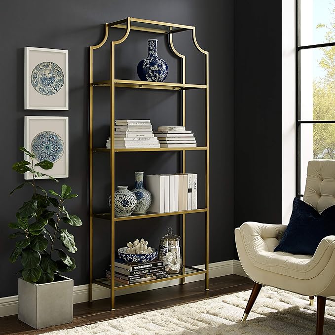 Crosley Furniture Aimee Etagere Bookcase - Gold and Glass - LeafyLoom