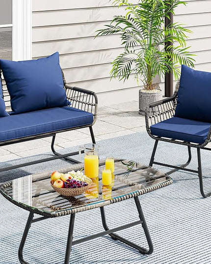 YITAHOME 4-Piece Patio Furniture Wicker Outdoor Bistro Set, All-Weather Rattan Conversation Loveseat Chairs for Backyard, Balcony and Deck with Soft Cushions and Metal Table (Navy Blue) - LeafyLoom