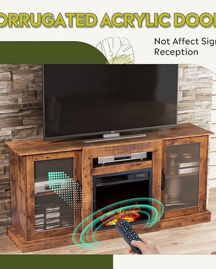 WLIVE Fireplace TV Stand for 65" TV, Entertainment Center with 18 Inch Electric Fireplace, TV Console with Open Shelves for Living Room and Bedroom, Rustic Brown - LeafyLoom