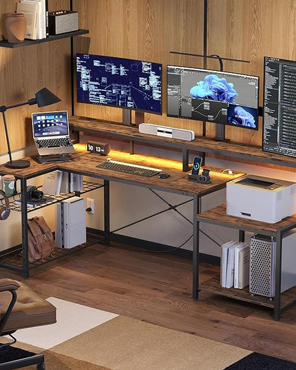 Bestier 71.5 inch Computer Desk with Power Outlets, L Shaped LED Home Office Desk with Long Monitor Stand, Large Corner Desk with Storage Shelf, Cup Holder & Headset Hooks, Modern Simple Table - LeafyLoom