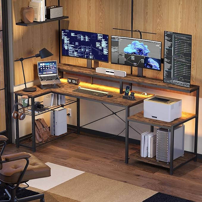 Bestier 71.5 inch Computer Desk with Power Outlets, L Shaped LED Home Office Desk with Long Monitor Stand, Large Corner Desk with Storage Shelf, Cup Holder & Headset Hooks, Modern Simple Table - LeafyLoom
