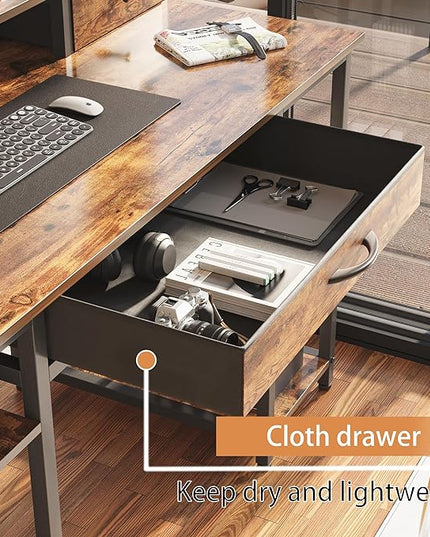 Treesland 47 Inch Multifunctional Computer Desk with Monitor Shelf, Professional Dual Tiers Writing Desk, 3 Drawers, and Storage - Sturdy Home Office Desk, Brown - LeafyLoom