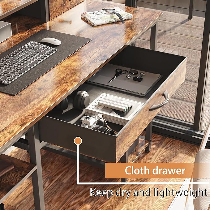 Treesland 47 Inch Multifunctional Computer Desk with Monitor Shelf, Professional Dual Tiers Writing Desk, 3 Drawers, and Storage - Sturdy Home Office Desk, Brown - LeafyLoom