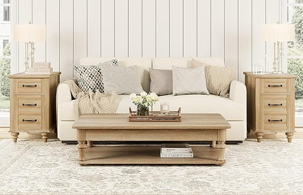 WAMPAT 2 Pack End Table with Charging Station, Wood Side Table with Drawer and Storage Cabinet, Modern End Table with Power outlets USB Ports for Living Room Bedroom, Oak - LeafyLoom