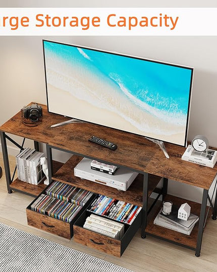 TV Stand with Fabric Drawers for 65 70 75 Inches TV - Entertainment Center and Industrial TV Console Table with Open Storage Shelves for Living Room, Bedroom - 63" Rustic Brown - LeafyLoom