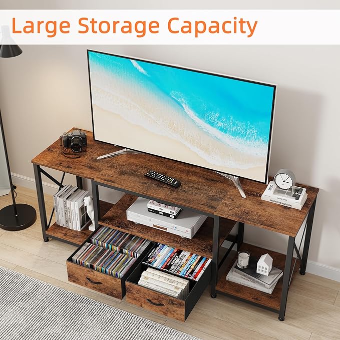TV Stand with Fabric Drawers for 65 70 75 Inches TV - Entertainment Center and Industrial TV Console Table with Open Storage Shelves for Living Room, Bedroom - 63" Rustic Brown - LeafyLoom