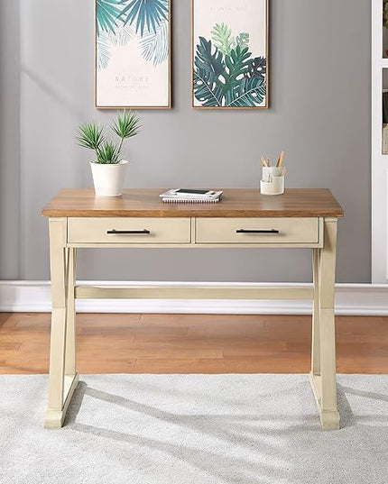 OSP Home Furnishings Jericho Rustic 42 Inch Writing Desk with 2 Drawers and Burnished Decorative Hardware, Antique White - LeafyLoom