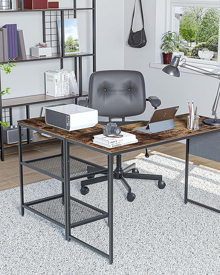 VECELO L Shaped Computer Gaming Corner Desk with Storage Bag and Shelf Home Office Table for Study Writing Room, Small Space Workstation, Easy to Assemble, Brown - LeafyLoom