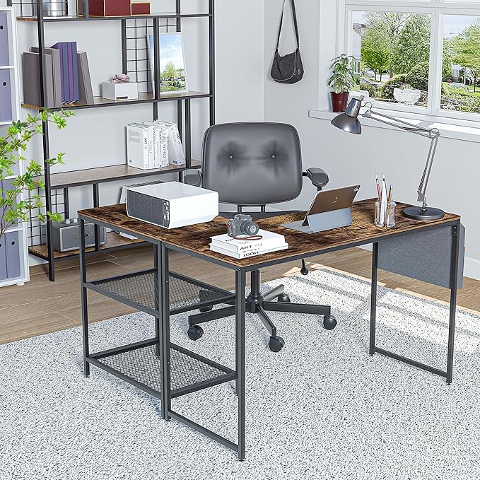 VECELO L Shaped Computer Gaming Corner Desk with Storage Bag and Shelf Home Office Table for Study Writing Room, Small Space Workstation, Easy to Assemble, Brown - LeafyLoom