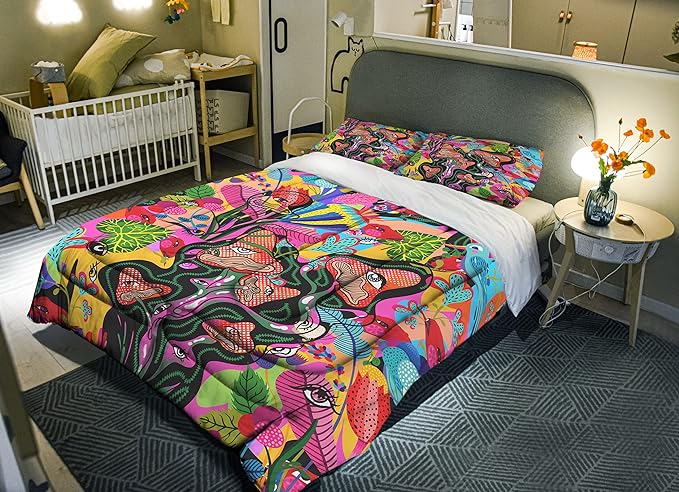 Sunnycitron Mushroom Twin Comforter Set for Girls Boys Colorful Mushroom Bedding Kids Comforter sets Mandala Mushroom Comforter for Twin Bed set - Fade Resistant(1 Comforter +2 Pillowcase) - LeafyLoom