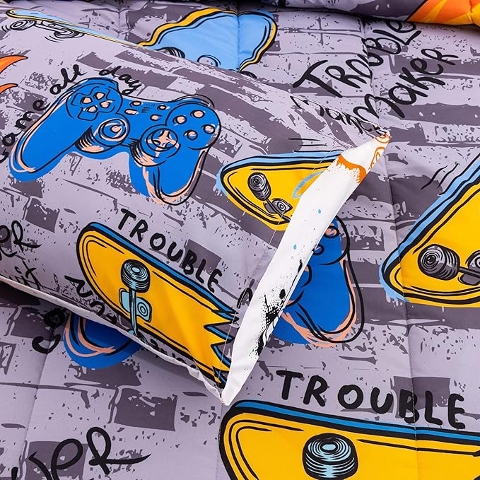 Btargot Gaming Stone Pattern Comforter Set for Boys Girls Kids, 3 Pieces Reversible Skateboard Game Console Flame Painting Bedding Set, Grey Twin - LeafyLoom