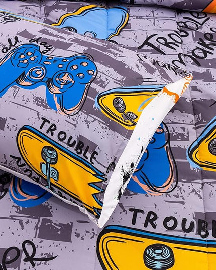 Btargot Gaming Stone Pattern Comforter Set for Boys Girls Kids, 3 Pieces Reversible Skateboard Game Console Flame Painting Bedding Set, Grey Full - LeafyLoom