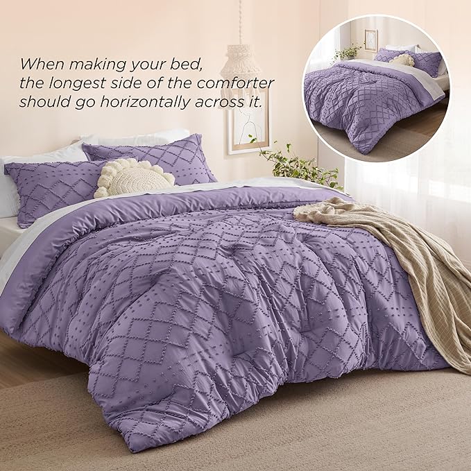 Bedsure King Size Comforter Set - Grayish Purple Comforter, Boho Tufted Shabby Chic Bedding Comforter Set, 3 Pieces Farmhouse Bed Set for All Seasons, Fluffy Soft Bedding Set with 2 Pillow Shams - LeafyLoom