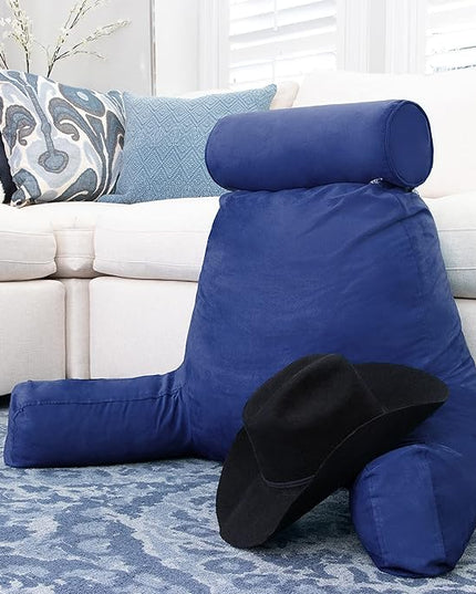 Husband Pillow XXL Cover Aspen Edition Dark Blue, Reversible Microfiber to Microsuede, Side & Back Pockets - Handle for Transport - Super Cozy Bed Rest Pillow Cover with Arms - Easy Care - LeafyLoom