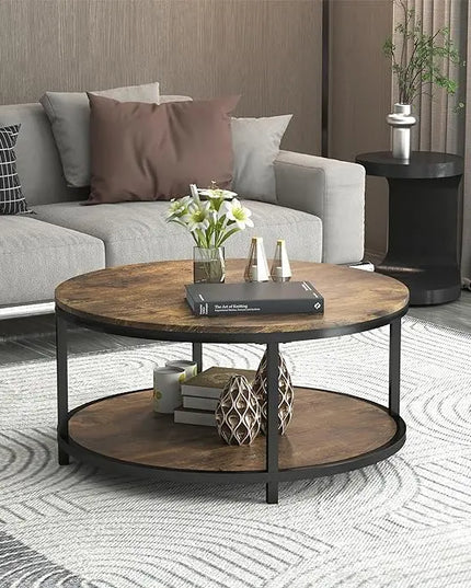 NSdirect 36 inches Round Coffee Table, Rustic Wooden Surface Top & Sturdy Metal Legs Industrial Sofa Table for Living Room Modern Design Home Furniture with Storage Open Shelf (Brown) - LeafyLoom