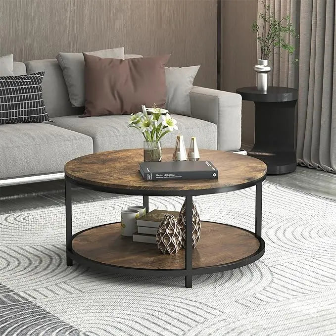 NSdirect 36 inches Round Coffee Table, Rustic Wooden Surface Top & Sturdy Metal Legs Industrial Sofa Table for Living Room Modern Design Home Furniture with Storage Open Shelf (Brown) - LeafyLoom
