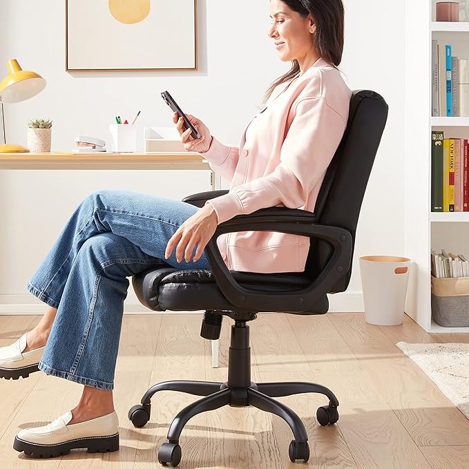 Amazon Basics Classic Puresoft PU Padded Mid-Back Office Computer Desk Chair with Armrest, 26"D x 23.75"W x 42"H, Black - LeafyLoom