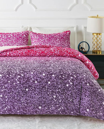 Litanika Galaxy Comforter Full(79x90lnch), 3 Pieces(1 Purple Glitter Ombre Comforter, 2 Pillowcases), 3D Colorful Rainbow Bedding Set, Microfiber Comforter Set for Kid Boy Girl Teen - LeafyLoom