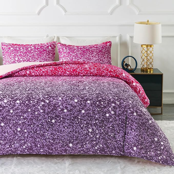 Litanika Galaxy Comforter Queen(90x90lnch), 3 Pieces(1 Purple Glitter Ombre Comforter, 2 Pillowcases), 3D Colorful Rainbow Bedding Set, Microfiber Comforter Set for Kid Boy Girl Teen - LeafyLoom