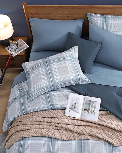 Blue King Size Comforter, Dorm Plaid Light Blue King Bedding Set Homestead-style King Size Bed Set for Bedroom (Light Blue,King,102"*90") - LeafyLoom