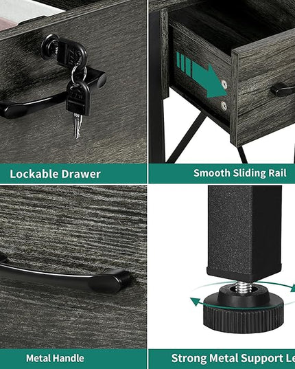 DWVO Computer Desk with Drawers & Hutch, 59.1" Office Desk with Power Outlets & LED Lights, Home Office Desk with Storage Shelves, Grey - LeafyLoom