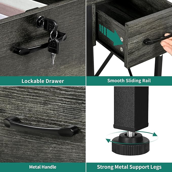 DWVO Computer Desk with Drawers & Hutch, 59.1" Office Desk with Power Outlets & LED Lights, Home Office Desk with Storage Shelves, Grey - LeafyLoom