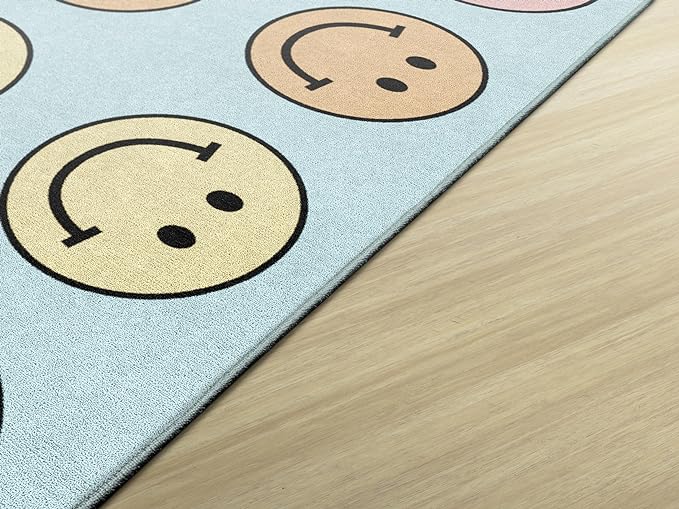Flagship Carpets Schoolgirl Style Pastel Rainbow Smileys Criss-Cross Applesauce Educational Area Rug for Kids Room, Children's Classroom for Teaching and Playroom, 7'6" x 12', Multi, Seats 28 - LeafyLoom
