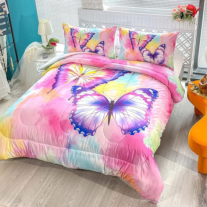 CVHOUSE Butterfly Bedding Set,Butterfly Comforter King,Butterfly Comforter Set for Girls Kids Teens,Butterflies Quilt Set with 1 Comforter and 2 Pillow Cases - LeafyLoom