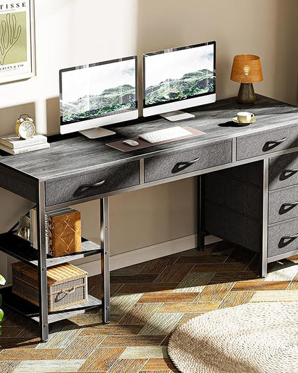 Computer Desk with 6 Drawers, 47 Inch Office Desk with Shelves, Reversible Gaming Desk, Corner Desk with Storage, Work Desk for Home Office, Study, Living Room, Gray - LeafyLoom