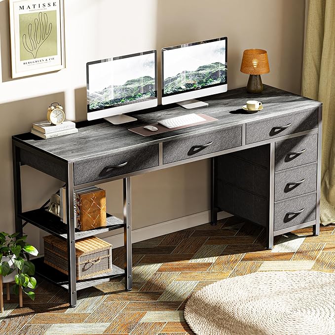 Computer Desk with 6 Drawers, 47 Inch Office Desk with Shelves, Reversible Gaming Desk, Corner Desk with Storage, Work Desk for Home Office, Study, Living Room, Gray - LeafyLoom