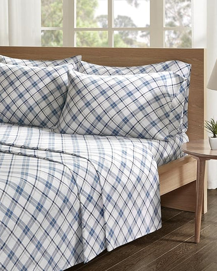 Comfort Spaces Cotton Flannel Breathable Warm Deep Pocket Sheets with Pillow Case Bedding, Cal King, Blue Plaid 4 Piece - LeafyLoom