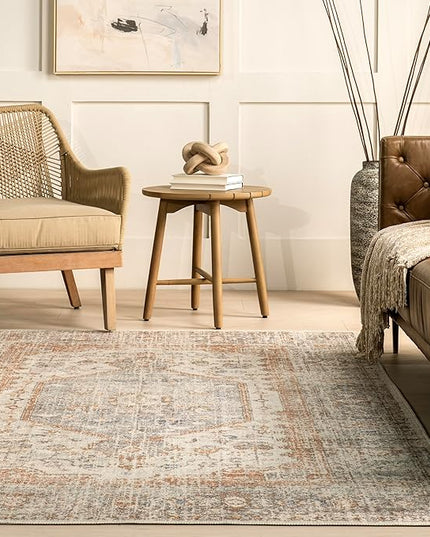 nuLOOM 4x6 Machine Washable Rain Haven Vintage Medallion Area Rug, Light Grey, Traditional Faded Design, Non-Slip Backing, Stain Resistant, For Bedroom, Dining Room, Living Room, Kitchen - LeafyLoom