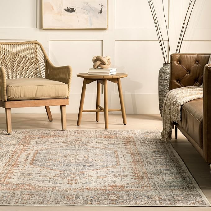 nuLOOM 4x6 Machine Washable Rain Haven Vintage Medallion Area Rug, Light Grey, Traditional Faded Design, Non-Slip Backing, Stain Resistant, For Bedroom, Dining Room, Living Room, Kitchen - LeafyLoom