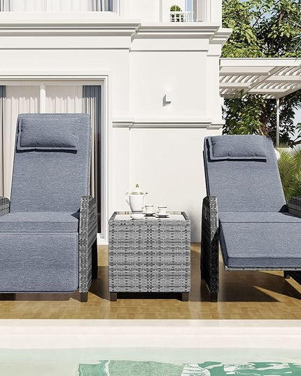 Patio Furniture Sets 3 Piece Outdoor, PE Wicker Rattan 2-Person ConversationSets with Adjustable Backrest Recliner Lounge Chairs and Coffee Table, Comforty Cushions, for Lawn Balcony, Gray - LeafyLoom