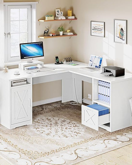 YITAHOME L Shaped Desk with Power Outlets, 60 Inch Computer Desk Corner Desk with File Drawer, Home Office Desk with Monitor Stand & Storage Shelves, L-Shaped Desk with File Cabinet, White - LeafyLoom
