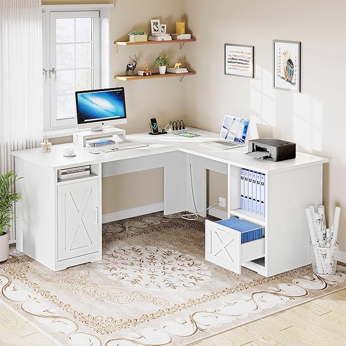 YITAHOME L Shaped Desk with Power Outlets, 60 Inch Computer Desk Corner Desk with File Drawer, Home Office Desk with Monitor Stand & Storage Shelves, L-Shaped Desk with File Cabinet, White - LeafyLoom