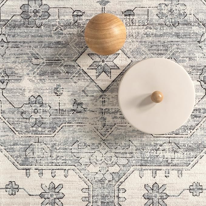 nuLOOM 4x6 Machine Washable Rain Haven Vintage Medallion Area Rug, Light Grey, Traditional Faded Design, Non-Slip Backing, Stain Resistant, For Bedroom, Dining Room, Living Room, Kitchen - LeafyLoom