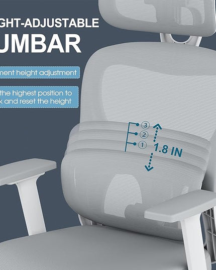 GABRYLLY Office Chair, Ergonomic Desk Chair with Adjustable Lumbar Support, 3D Armrest, Headrest, 4-Level Tilt Back, Home Mesh Chair with Wide Cushion Seat & PU Wheels for Adult Student - LeafyLoom