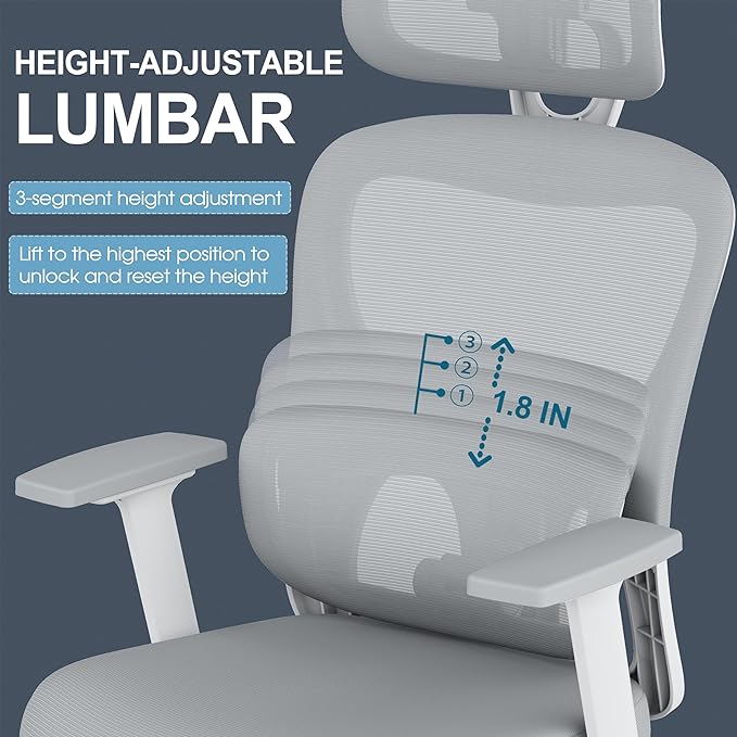 GABRYLLY Office Chair, Ergonomic Desk Chair with Adjustable Lumbar Support, 3D Armrest, Headrest, 4-Level Tilt Back, Home Mesh Chair with Wide Cushion Seat & PU Wheels for Adult Student - LeafyLoom