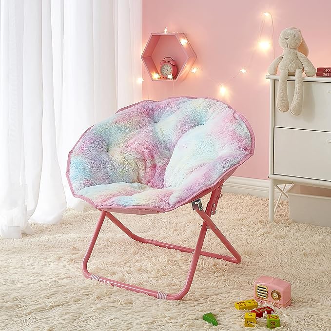Heritage Kids Rainbow Faux Fur Kids Folding Saucer Chair - LeafyLoom