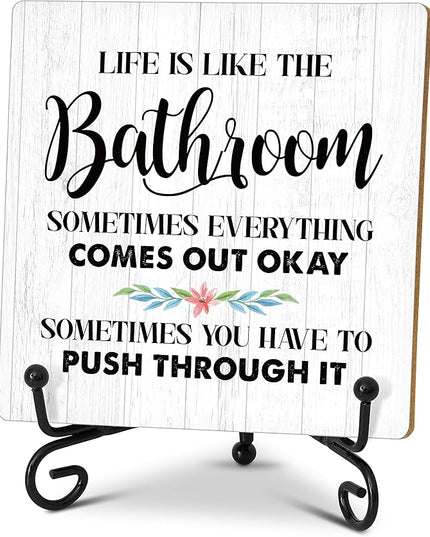 Life is Like The Bathroom Wooden Sign, Inspirational Home Office Desk Decor Wood Plaque with Stand, Bathroom Desk Decor for Farmhouse Wash Laundry - C41 - LeafyLoom