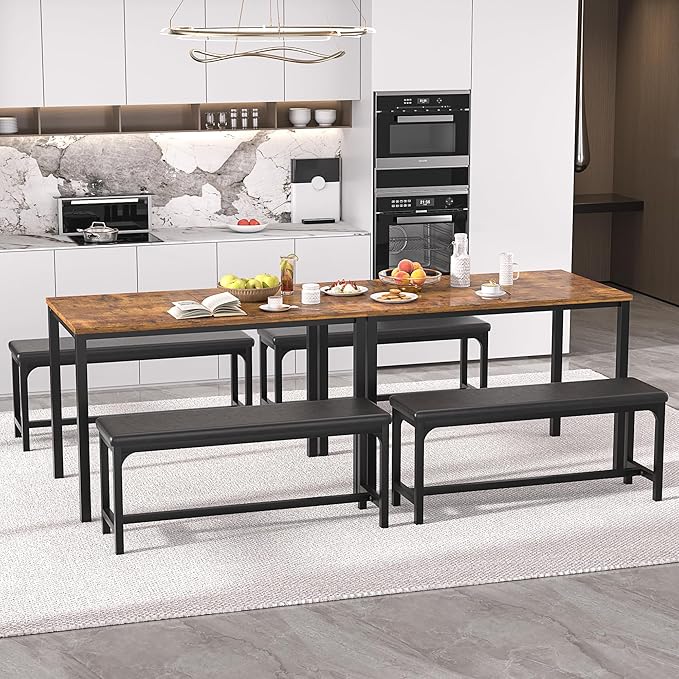 VECELO 3-Piece 63" Extendable Kitchen Table with Benches/Chairs Modern Breakfast Dinette/Dining Room Set for 4/6/2, Small Space Saving Design, Easy Assembly, Retro - LeafyLoom