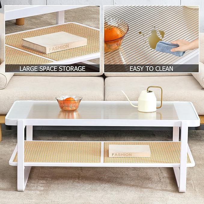 NicBex 45.28Inch Rectangular Dining Table,Modern Kitchen Table with Glass Tabletop and Imitation Rattan Edge Table for 2 to 4,Practical Coffee Table,Dining Room Table for Kitchen and Living Room,White - LeafyLoom