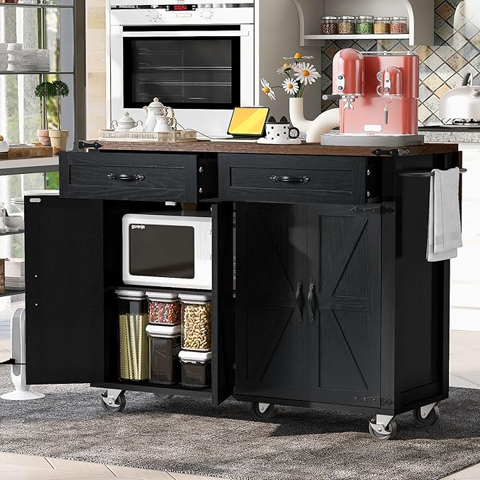 Farmhouse Kitchen Island with Power Outlet, Rolling Kitchen-Cart with Drop Leaf, Storage Cabinet Table on Wheels w/Spice Rack and Drawer for Dining Room, Bar - LeafyLoom