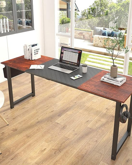 71 Inch Home Office Computer Two-Color Panel Desk with Storage Bag and Hook, Black, Sandalwood Color, Industrial Modern Laptop Desk - LeafyLoom