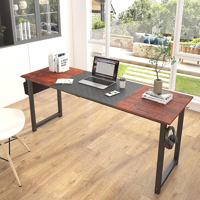71 Inch Home Office Computer Two-Color Panel Desk with Storage Bag and Hook, Black, Sandalwood Color, Industrial Modern Laptop Desk - LeafyLoom