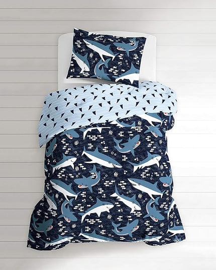 Dream Factory Sharks Boys Full Queen Size Boys Bedding Set Cotton Kids Comforter Set with Sham, 3 Piece, Full/Queen, Navy - LeafyLoom